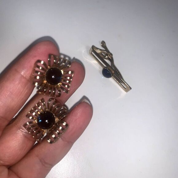 Tie Clip Set vintage CuffLinks with matching Tie Bar  Men Wedding Jewelry . - Picture 2 of 5